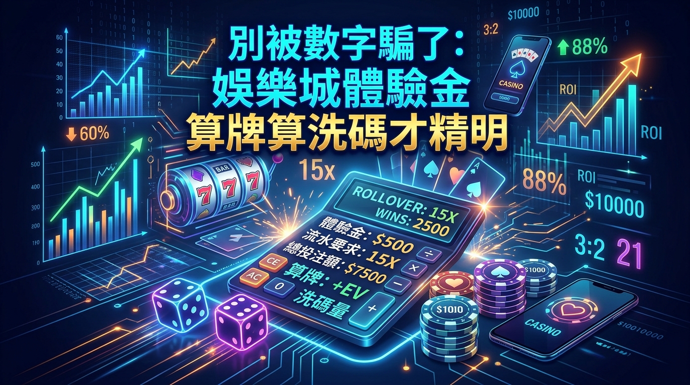 這是一張結合數字圖表、計算機與娛樂城元素的現代科技風格圖片，強調精明算牌與洗碼的核心概念。 畫面中央顯眼地展示著唯一主題標題：「別被數字騙了：娛樂城體驗金算牌算洗碼才精明」。