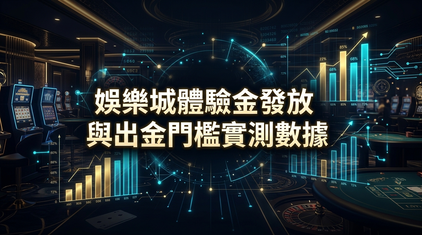 畫面以暗色調的高級賭場與科技數據分析為背景，中央醒目顯示著標題文字。 圖中融合了老虎機、輪盤等娛樂城元素與光纖數據圖表，展現體驗金發放與出金門檻的實測分析主題。