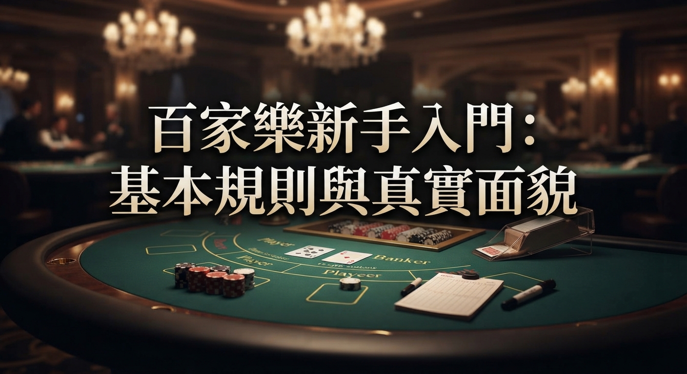 這是一張以百家樂為主題的圖片,畫面中央醒目地印有繁體中文標題「百家樂新手入門:基本規則與真實面貌」。 背景則是精緻且充滿氛圍的賭場百家樂賭桌與籌碼。