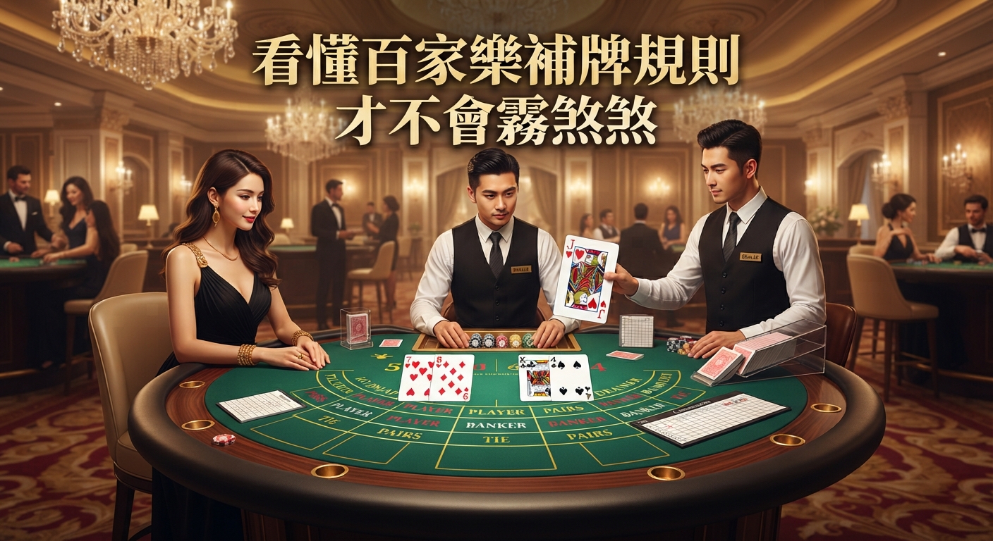 這是一張以百家樂為主題的賭場宣傳圖片,畫面正上方清晰標示著斗大的標題文字「看懂百家樂補牌規則 才不會霧煞煞」。 圖片中央展示了一張精緻的綠色百家樂賭桌,荷官正向坐在桌邊的玩家展示並派發撲克牌。