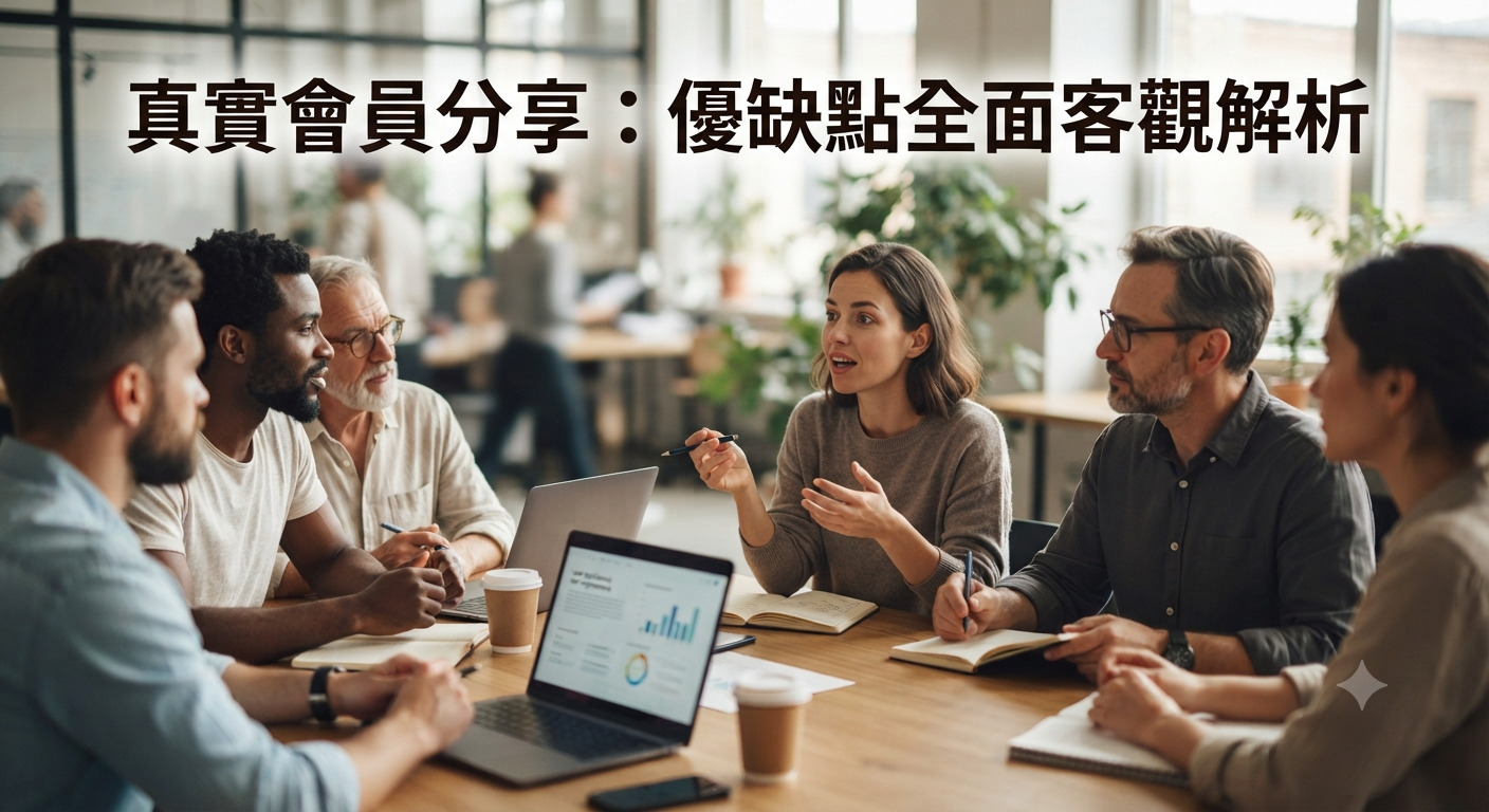 這張圖片展示了六個人在現代辦公室裡圍坐在一張桌子旁開會。 上方的標題文字為：「真實會員分享：優缺點全面客觀解析」。